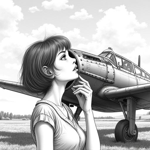 Image of a young woman with dark short hair looking up at the sky with hands clasped near her mouth in admiration. A vintage single-engine propeller airplane is in front. The setting has clouds and a distant countryside. The style is fine with precise lines and delicate hatching for shadows.