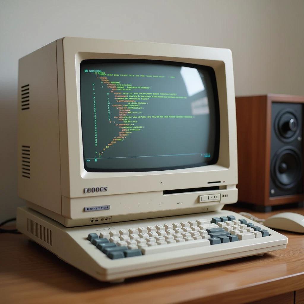Computer setup from the early 2000s featuring a vintage monitor and keyboard. Screen displays programming code in green text.