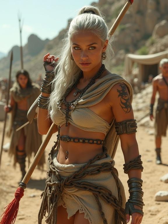 An elven woman with sharp features, long silver hair in an updo, striking green eyes, athletic build. Ancient Spanish slave-style attire with ragged tunic and shackles. Posing in a fighting stance with a falcata and wooden spear. Muscular physique shown, determined expression. Background of ancient battlefield with rocky hills and villages. Bright lighting enhances scene details.