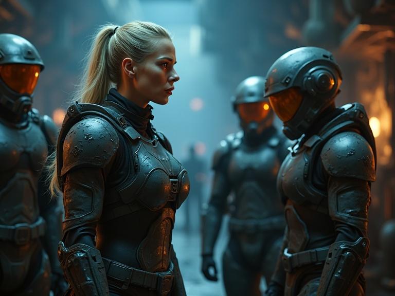 A dramatic scene in a dimly lit Starcraft base. A blonde woman with a high ponytail talks with four male space marines in tactical armor. She wears a battle-worn dark grey suit and has blue eyes. Shadows and lights create a tense atmosphere. The setting includes steel walls and flickering holograms. Characters show urgency and determination.