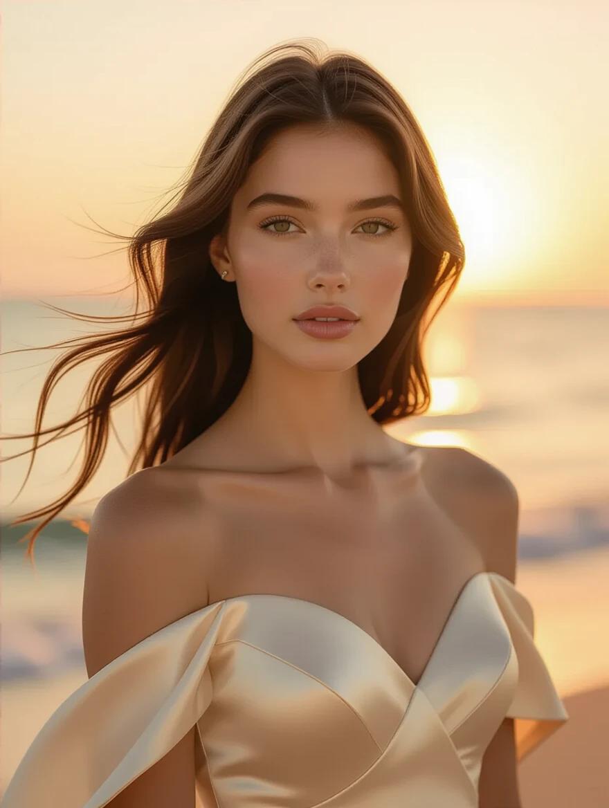 Close-up cinematic portrait of a young woman. She wears an elegant cream satin dress. Long flowing hair illuminated by warm golden glow of setting sun. Stands on serene beach at sunset with soft waves behind her. Emphasizes texture of satin dress and shine of hair. Dreamy atmosphere with soft golden hues.