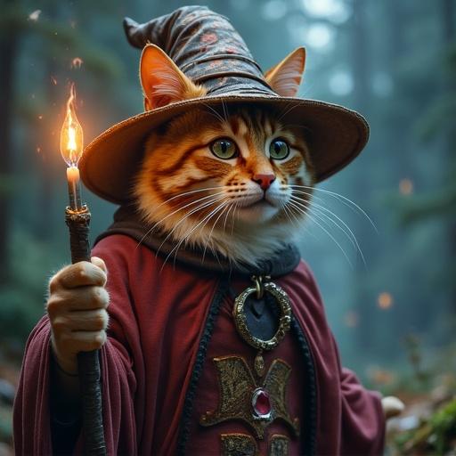 A fantasy depiction of a cat dressed as a wizard holding a glowing staff. The setting includes a mystical forest background.