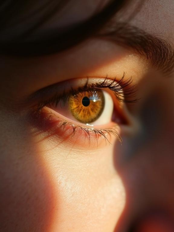 Extreme close-up of a woman's eye. Hazel colored with window lighting hitting her face diagonally.