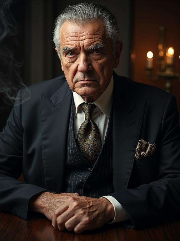 Portrait of an older mafia boss with haughty expression seated and addressing viewer directly in an expensive dark tailored suit silk tie old-fashioned pinstripe vest elegant pocket square visible wrinkles grey slicked-back hair piercing eyes subtle cigar smoke background chiaroscuro lighting ultra-realistic highly detailed