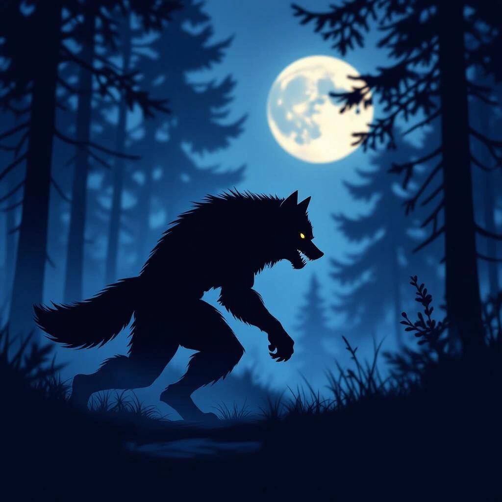 A dark silhouette of a werewolf strides through a pine forest under a bright full moon. The werewolf appears out of focus. An aura of mystery surrounding the scene. Comic book style emphasizes the eerie atmosphere.