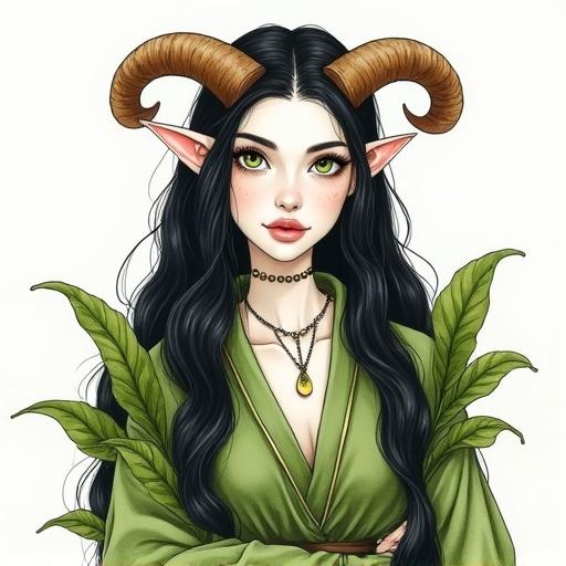 Illustration of a wood elf character with long black hair and wooden horns. Green eyes are prominent. The robe is made of leaves and has a nature theme. Created with ink and watercolor techniques.