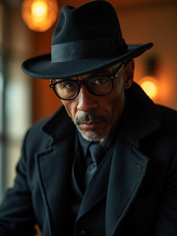Stylish male model dressed as a neo-noir detective. Wearing a black coat and a felt hat. Serious expression captured in a close-up shot. Warm ambient lighting. Dark color palette depicting mystery.