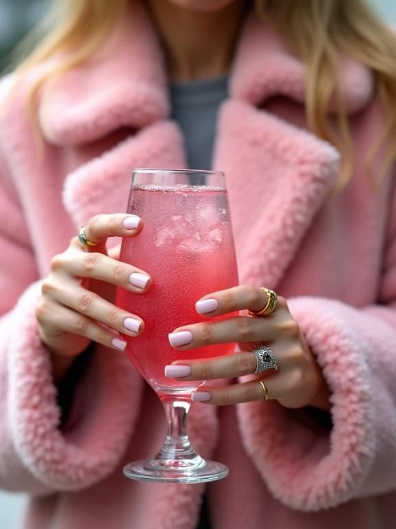 A woman in a plush pink coat holds a glass of fizzy pink drink. Manicured nails are visible. Multiple rings adorn her fingers. Soft lighting enhances the scene.