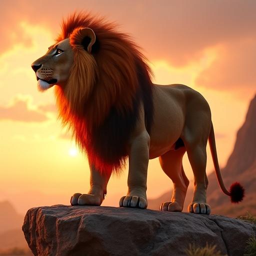 A majestic lion with a red mane stands on a rocky outcrop during sunset. The lion looks proud against a vibrant sky. Warm colors fill the scene.