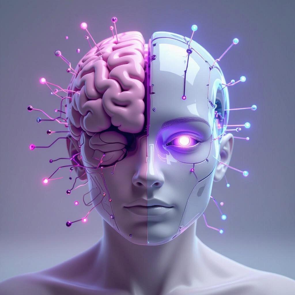 Front facing image of a half human brain and half user interface. The organic brain looks realistic. The artificial brain has a shiny and glowing purple hue. No face is present. No text or additional elements.
