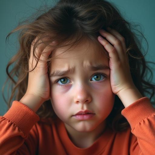 Close-up photo showing a worried girl with messy hair. Girl has hands on forehead. She is looking far away. The colors are vibrant and digitally enhanced.