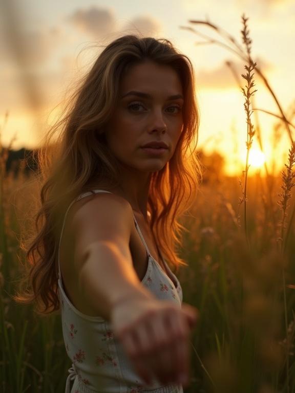 From a low angle, woman looking down at viewer. She is in a grass field. Hand is reaching towards the viewer. Soft evening light is behind her.