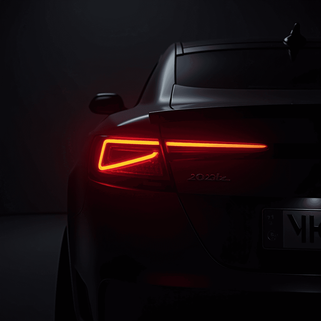 A close-up of a car's sleek rear with glowing red tail lights against a dark background.