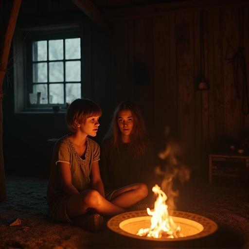 A cinematic still set inside a dimly lit wooden cottage inspired by Gretel & Hansel. Gretel sits cross-legged near a flickering fire pit, staring into the flames. She has a distant expression, wearing an earth-toned dress. Holda is behind her, half-hidden in shadows, whispering. The scene features warm firelight contrasting with deep shadows. The walls are dark wood, and odd herbs are hanging in the background. The shot maintains a shallow depth of field with a photorealistic style.