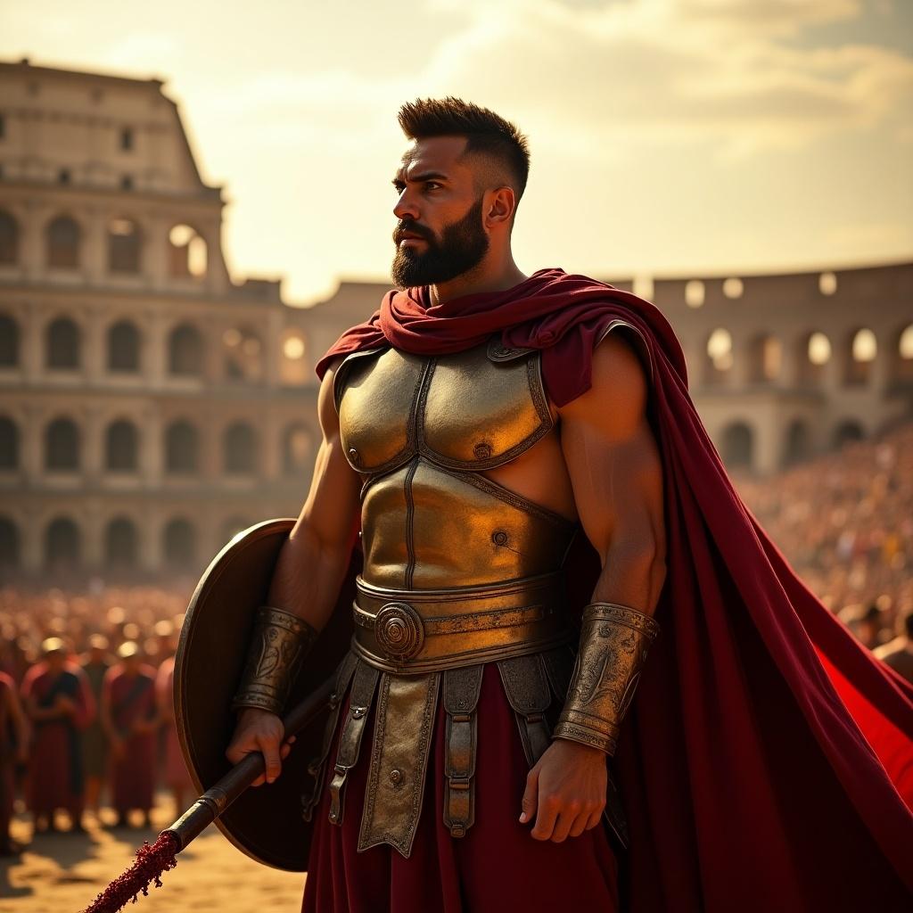 A Roman gladiator stands fiercely in the Colosseum arena. He wears a bronze breastplate and a flowing crimson cape. He grips a bloodied gladius in one hand and a shield in the other. Dramatic lighting casts golden highlights on his armor and deep shadows. In the background, a blurred crowd cheers under a warm sunset sky.