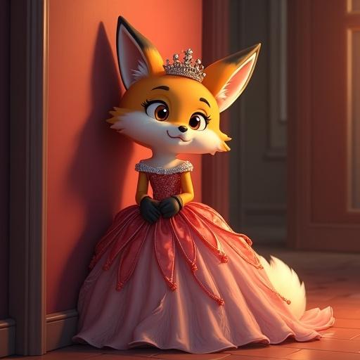 Sweet anthro furry fox character in expensive gown leaning against wall looking bored