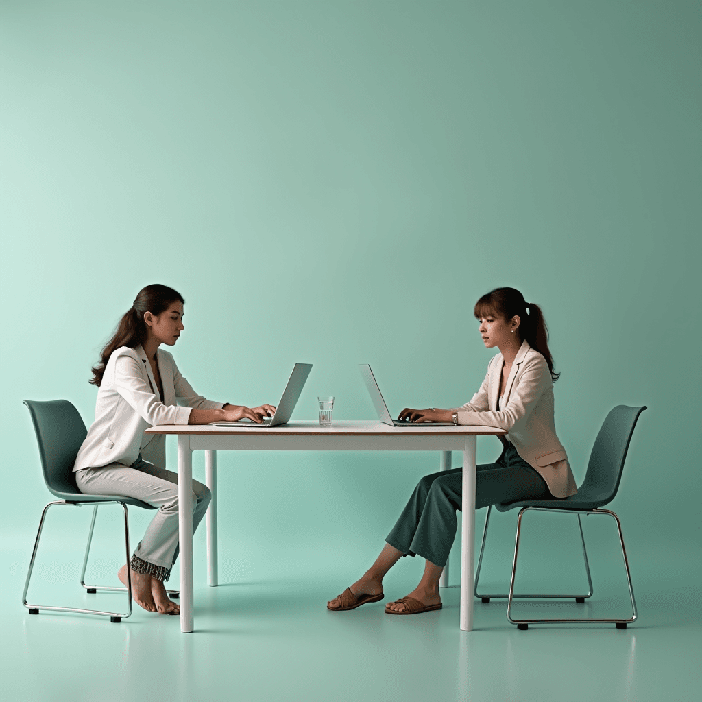 Two women in business attire sitting at a table facing each other with laptops in a minimalist setting.