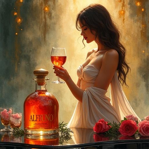 Vibrant watercolor painting features gorgeous venus in exclusive spa. She wears translucent silk wrap that accentuates curves. Offering toast with golden reddish lips. Centered is apothecary bottle 'ALFRUNO', filled with herbal liqueur. Accompanied by roses, rosemary, and cocktail glasses. 'ALFRUNO' name in modern calligraphy. Artwork dynamic and magical, inspired by WLOP and anime. Moody film style, gritty and nostalgic.