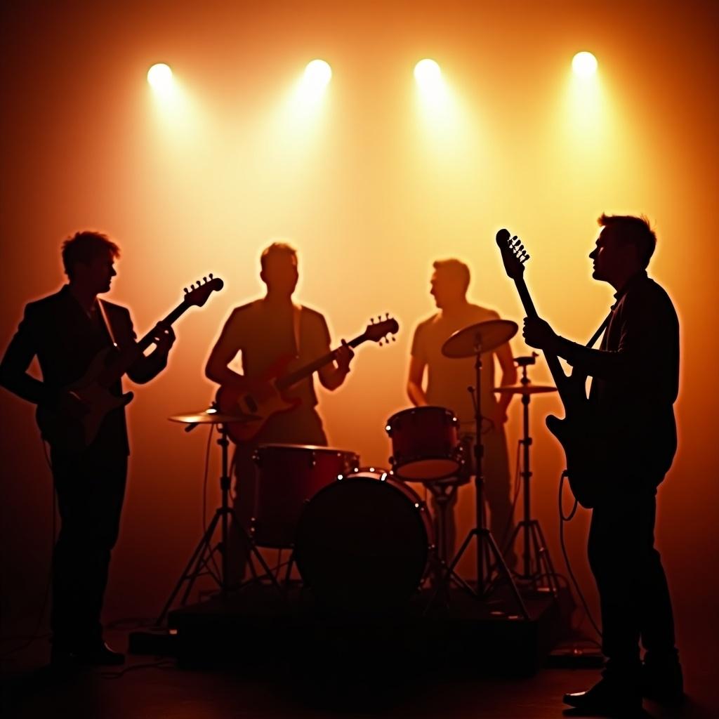 Silhouettes of five musicians performing in a band setting. Warm lighting surrounds them. Instruments visible are guitars and drum set.