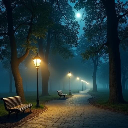 Tranquil city park illuminated at night. Vintage lampposts cast gentle glow on winding paths. Empty wooden benches sit along the paths. Tall leafy trees create long shadows. Moonlight filters through branches. Peaceful and calm atmosphere. Clear starry sky overhead. Faint mist hovers near the ground. Dominant colors are cool blues and deep greens. Warm yellow light accents the scene.
