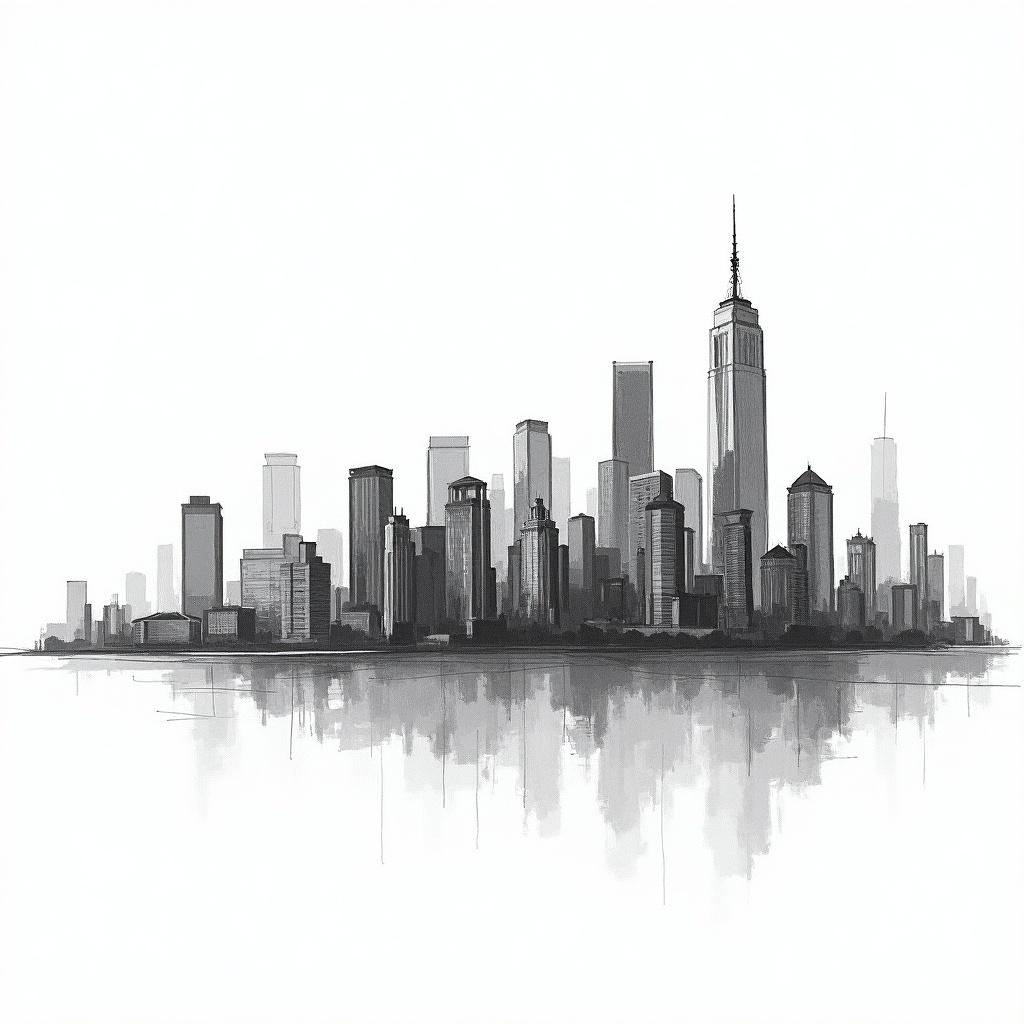 A detailed hand-drawn sketch of a city skyline with tall buildings, including an iconic tall building resembling the Empire State Building, surrounded by various other skyscrapers under an empty sky.