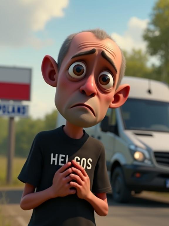 Pixar-style cartoon featuring a detailed portrait of a sorrowful man. Nearly bald with a slightly asymmetrical face. Large pleading dark eyes and prominent ears. Hands pressed together in a begging pose. Wearing a black shirt with HELGOS written on it. Background blurred with a border sign indicating Poland. Includes Poland flag and white van. Melancholic expression with realistic lighting.