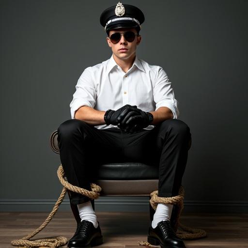 A male policeman sits tied up on a chair. He wears a white shirt, black pants, sunglasses, black gloves, white socks, and black shoes. He has brown short hair and a police cap. Rope ties his hands and feet together.