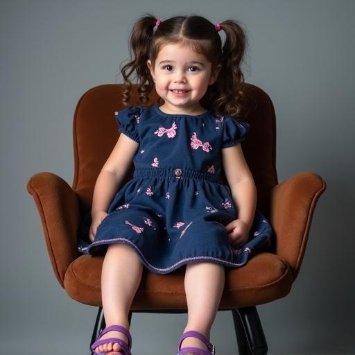Photo of a five-year-old girl with dark hair, two braids, wearing a dark blue dress with pink patterns and purple sandals, sitting in a high chair.
