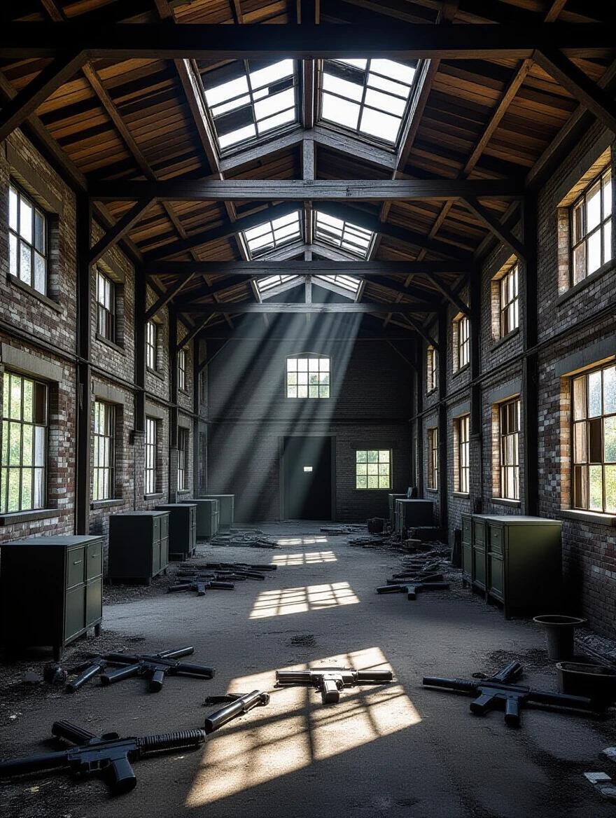 Abandoned warehouse with a dark and cinematic look. The ground is covered with scattered black firearms and bullets. Light enters through broken windows at the top, creating volumetric light beams. Dirty and realistic environment with dramatic shadows and 3D depth. High definition and photorealism.