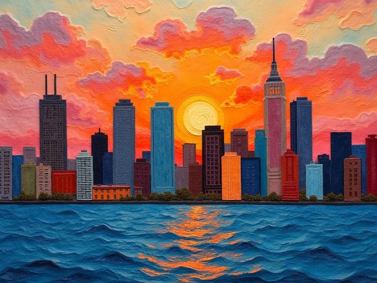 A collage of New York skyline at sunset created from layered fabric. The buildings are made from colorful textile pieces. The sky has raised quilted textures in warm amber and rose. The water displays cooler blue tones.
