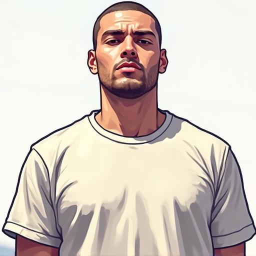 White male character standing directly facing the camera. Body is not rotated. Light from the right creates a clean look. No background adds focus. Solid color t-shirt emphasizes character design. Style inspired by Grand Theft Auto 3. This is a digital illustration with a 4-bit color palette in a comic style.
