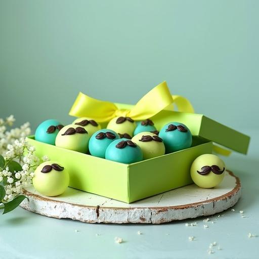 High-resolution 4K still life image of a lime green candy box tied with a light yellow ribbon. The box displays twelve round treats in bright turquoise and fresh lime green colors. Each treat has a small dark chocolate mustache. The setting includes a rustic white wooden board with delicate white blossoms and green leaves. The scene is illuminated with bright light.