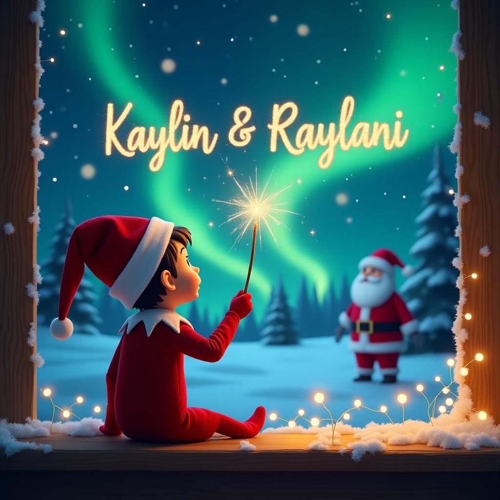 Charming scene with a festive elf on the shelf. Elf gazes at the magical sky, using a wand to create sparkly names. Background features northern lights. Santa Claus is present in the distance. The setting showcases Christmas joy and childhood imagination.