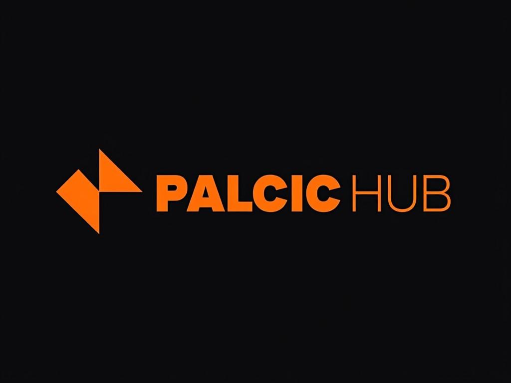 The image features a minimalist logo design for 'PALCIC HUB' with stylized geometric shapes to the left of the text. The logo uses a bold orange color against a black background, creating a striking contrast that draws attention to the brand name. The geometric shapes suggest movement or direction, adding a dynamic element to the design.