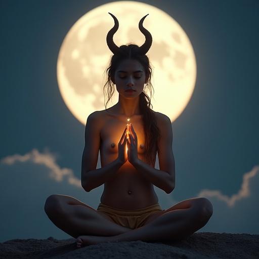 Teenage girl depicted as Maa Mahagauri sitting in meditation under full moon. Radiant skin glows in moonlight. Hand raised in blessing, sitting position, serene atmosphere, crisp DSLR clarity.