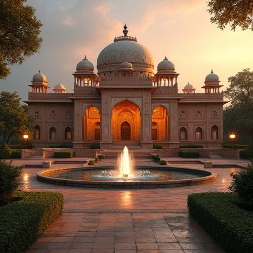 Grand ancient Indian palace from the Gupta period with intricately carved sandstone walls and domes. Surrounded by lush gardens and fountains, peacocks roam freely. Evening sun casts a golden glow, creating a warm inviting atmosphere. Detailed architecture highlighted by warm lighting.