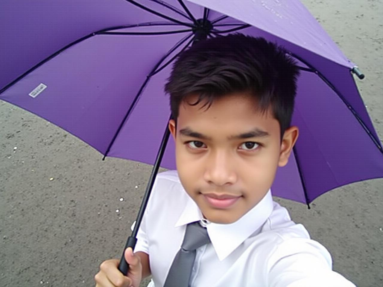 A young person is taking a selfie while holding a purple umbrella. They are wearing a white shirt with a collar and a gray tie. The setting appears to be outdoors, possibly during a rainy day, as there are droplets on the umbrella. The background shows a wet, textured surface, indicating recent rain. The person's expression is calm and neutral, and their hair is styled neatly. Overall, the image conveys a casual yet polished look amidst a rainy atmosphere.