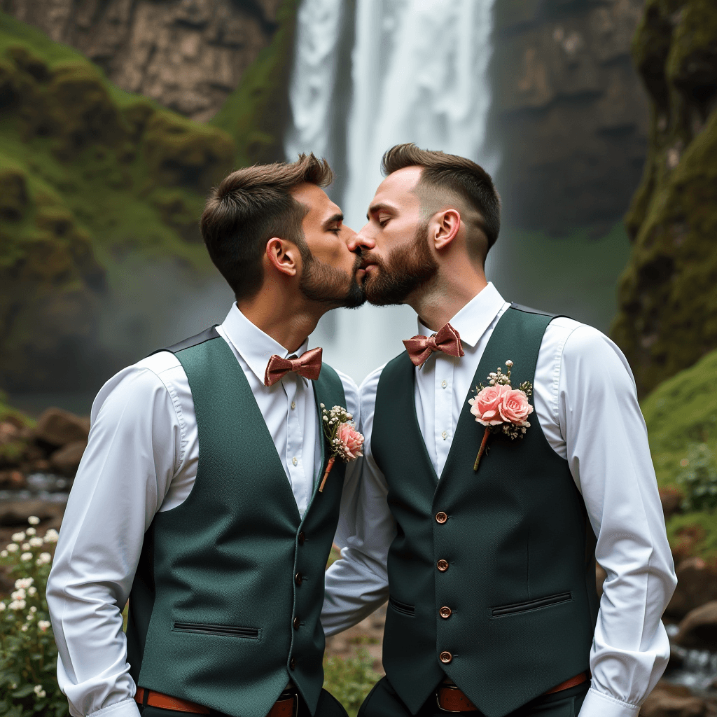 A couple shares a kiss in elegant attire against a waterfall backdrop.