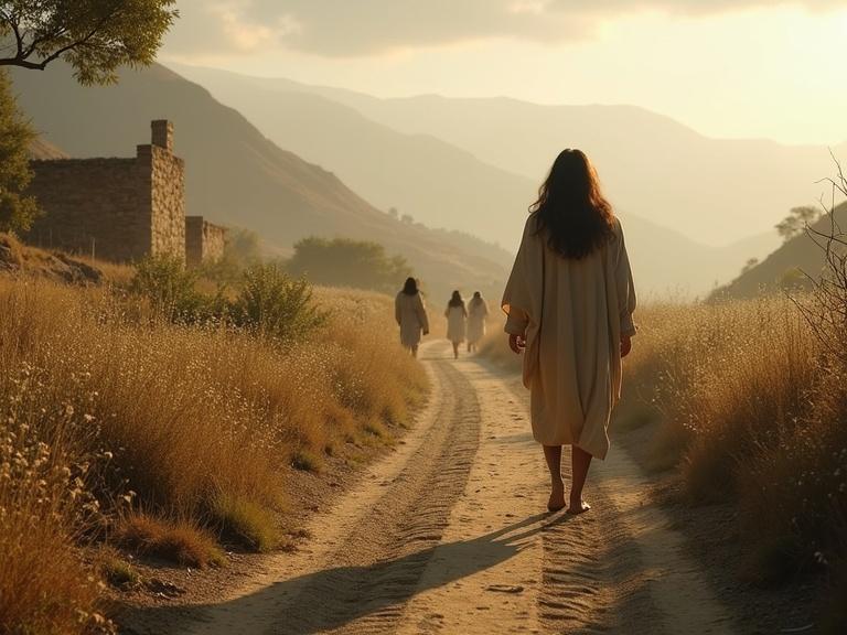 A lone figure walking on a dirt path. Gentle hills and distant villagers visible. Realistic art style with warm soft light. Vertical orientation.