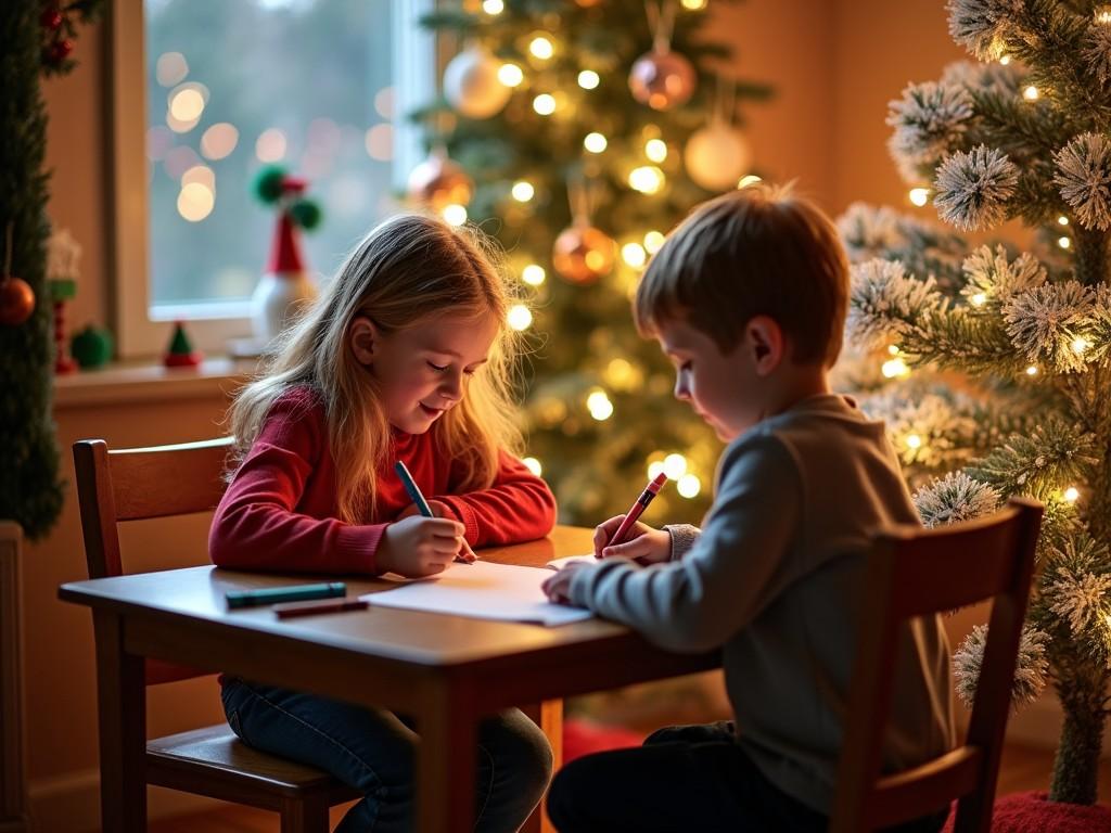 A cozy scene captures two children at a wooden table, engaged in drawing. The atmosphere is warm and festive, illuminated by Christmas lights in the background. The girl is focused, smiling softly as she colors, while the boy is equally attentive, with crayons in hand. A beautifully decorated Christmas tree stands nearby, enhancing the holiday spirit of the setting. This scene evokes feelings of warmth, creativity, and the joy of childhood during family gatherings.