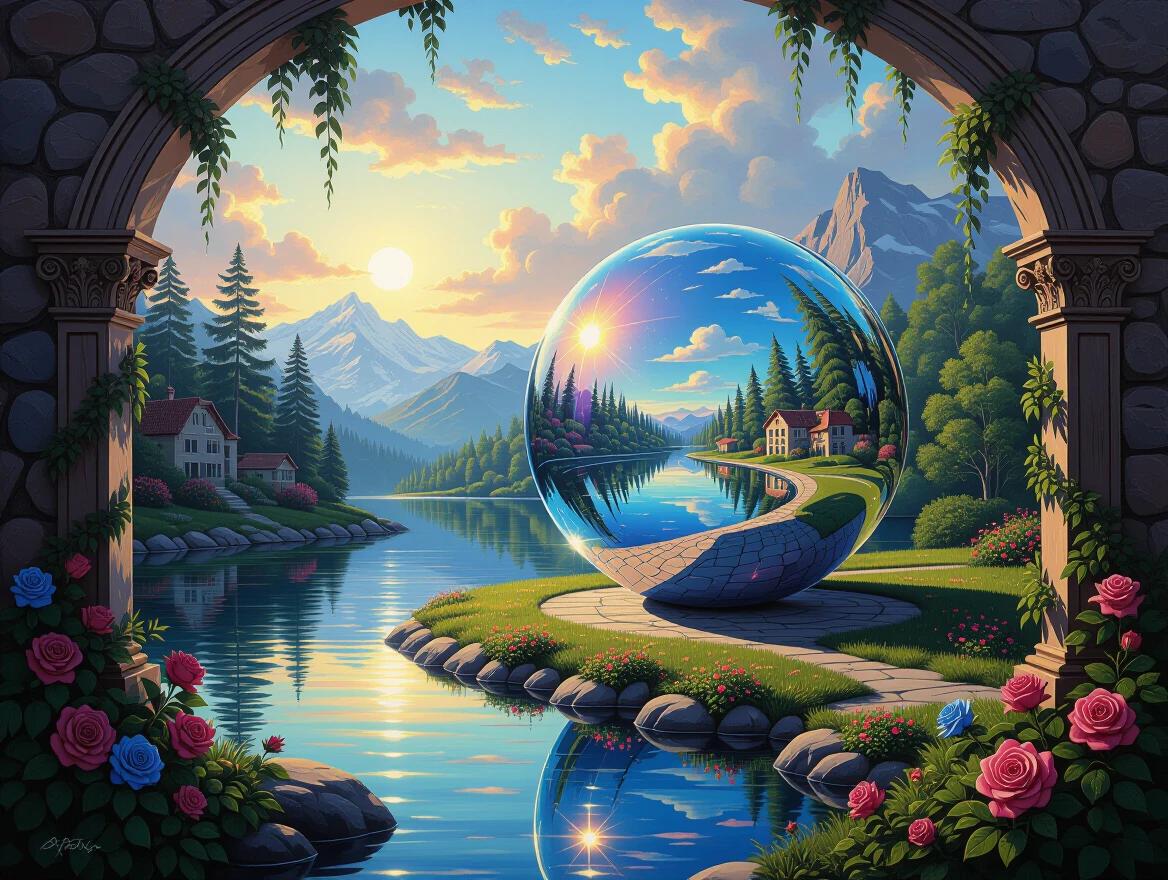 Painting showcases a hyper-detailed oil painting style with bold colors and visible brushstrokes. The scene includes a fantasy landscape with a reflective holographic orb. The landscape features mountains, trees, and a serene river. Soft sunlight illuminates the scene, creating a cozy atmosphere.