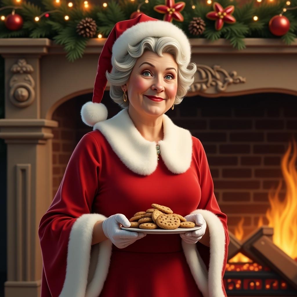 A character dressed as Mrs. Claus stands by a fireplace. She is wearing a red dress with white trim. In her hands, she holds a plate of cookies. The atmosphere is warm and festive with Christmas decorations.