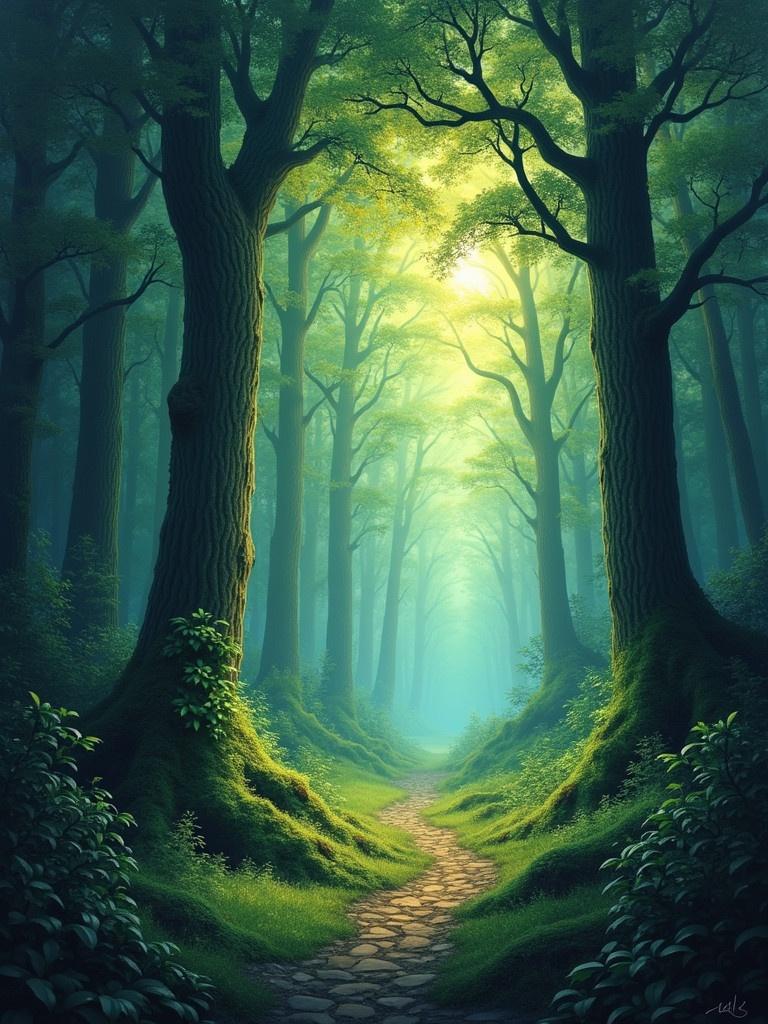 Lush forest scene with tall green trees and a sunlit pathway leading into the distance