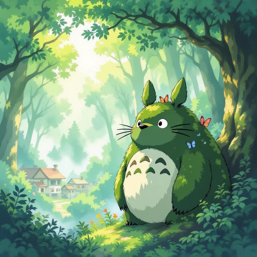 Moss-covered bear-like guardian in a mystical forest. Peeking at a village. Butterflies rest on its shoulders. Gentle and curious expression. Dappled light. Ambient magic. Watercolor textures and soft edges. Vibrant yet natural colors. Inspired by Ghibli animations.