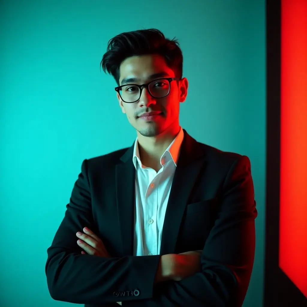 Young man with dark hair in a black blazer over a white shirt. He has stylish glasses and is posing confidently. Background features aqua color with red lighting. Suitable for LinkedIn profile photo.