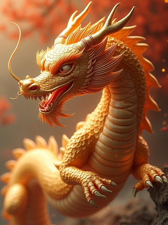 Golden dragon with intricate scales and fierce expression. The dragon has bright golden color with orange and red highlights. It sits on a rocky surface under a soft light that accentuates its features. The background is blurred, reminiscent of a peaceful forest.