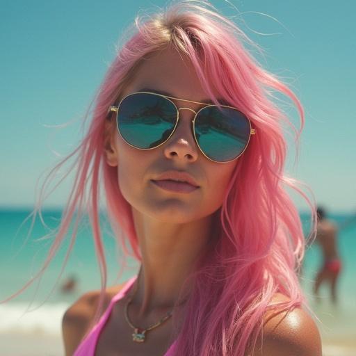High-quality image of a young woman at the beach. She has long, sleek hair mixed with black and pink shades. She is playing beach volleyball and wearing a bikini in the colors of the Brazilian national team.