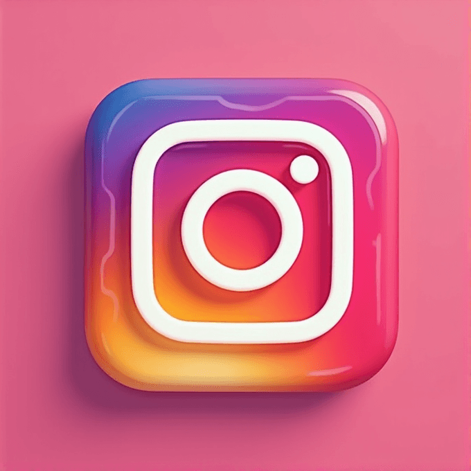 A 3D Instagram logo with vibrant rainbow colors on a pink background.