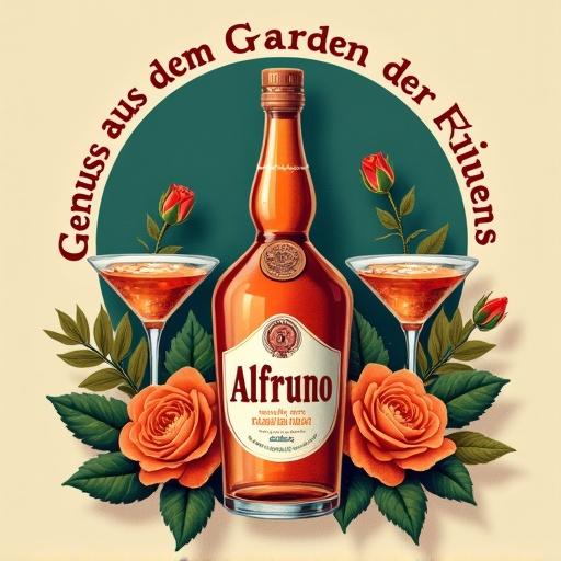 Stylized advertisement features a vintage aesthetic. Central layout displays a copper distillation apparatus at the top center. Circular illustration has a teal and orange gradient background. Text reads 'Genuss aus dem Garten der Natur - wild und besonders' in bold, serif font, deep maroon color. Text aligns right of the apparatus. Centered bottle of Alfruno has a classic label with a crest and brand name in bold serif. Two cocktail glasses with amber liquid flank the bottle. Vibrant roses and green foliage surround the bottle and glasses. Warm tones of orange, green, and maroon create inviting visual appeal.