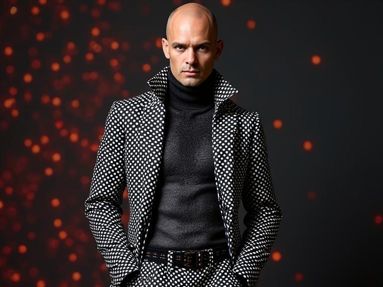 Professional studio photo showcasing polka dot fashion. The attire features distinctive patterns. A male model poses confidently. Background with vibrant bokeh effect lights. Ultra high definition resolution. Captivating and elegant presentation.